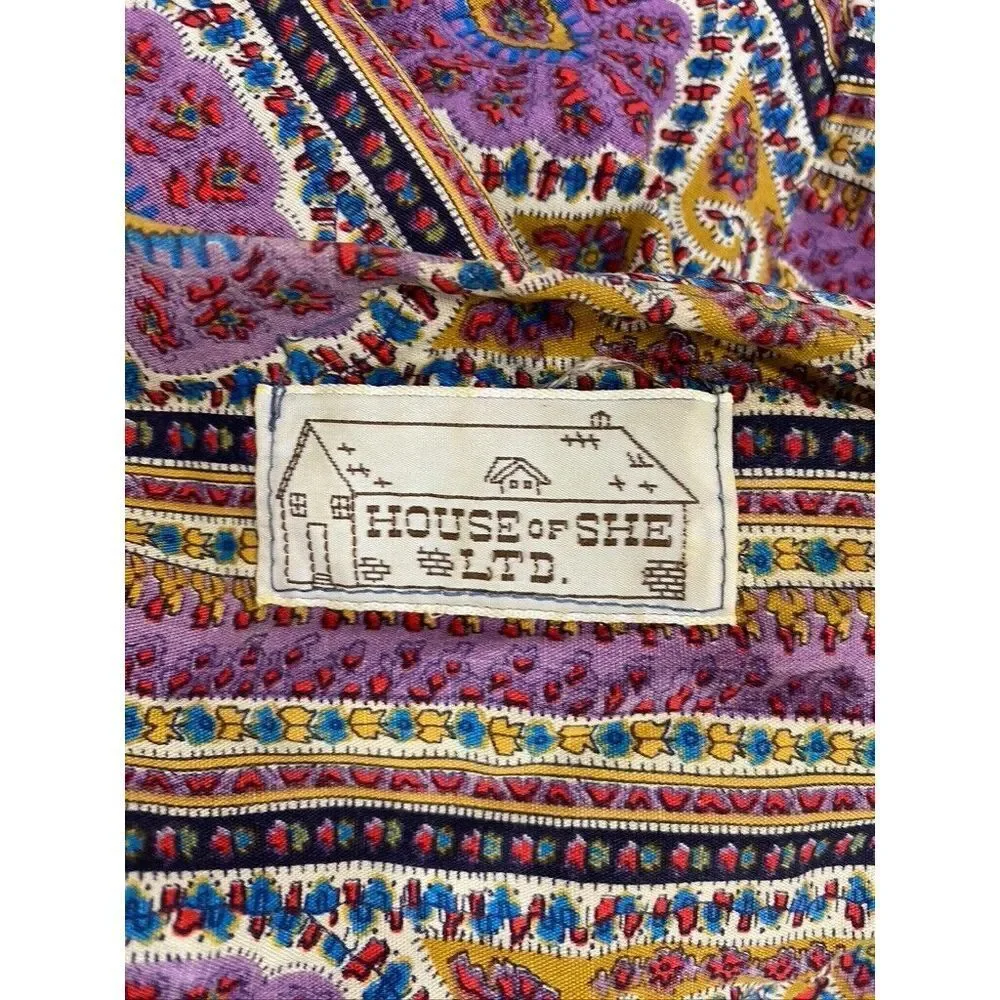 VTG 70's House of She LTD Maxi Dress Boho‎ Hippy Colorful Fun Size S/M Tie Front